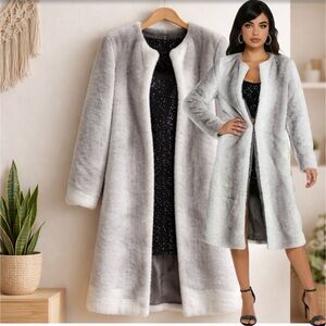 BEAR DANCE gray white faux fur lightweight long coat size SMALL